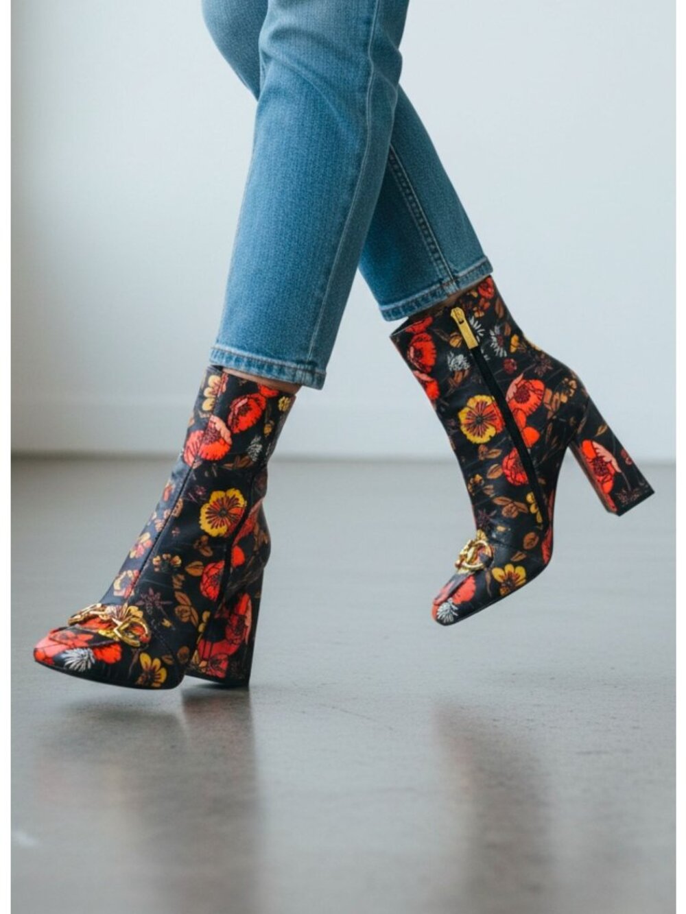 Floral Block Heel Ankle Boots With Gold Buckle Detailing
